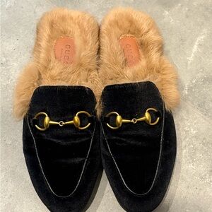 Black and Gold Velvet Mules with Fur Lining
